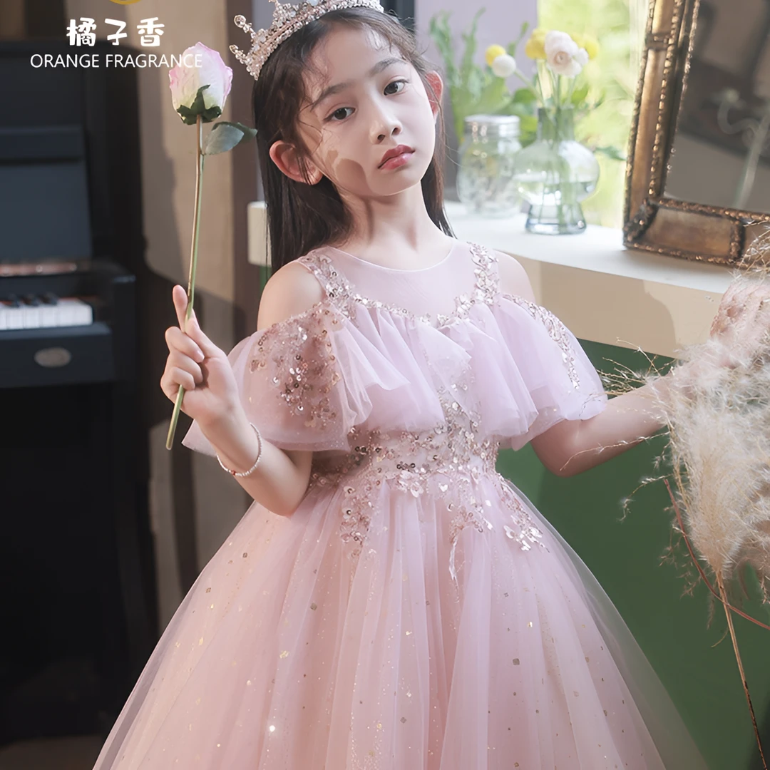 儿童主持人生日公主裙女童钢琴演出服粉色花童婚礼小女孩礼服夏季