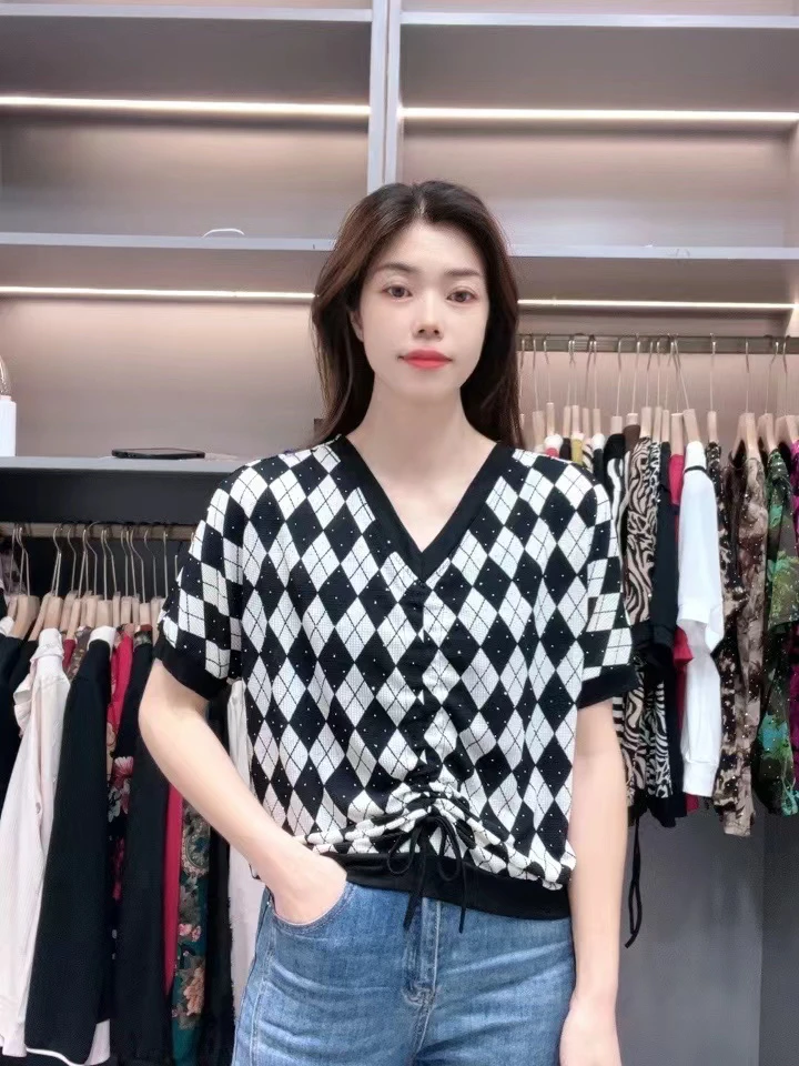 2024夏季新款V领蝙蝠袖洋气显瘦百搭气质宽松短袖时尚t恤女士豹纹