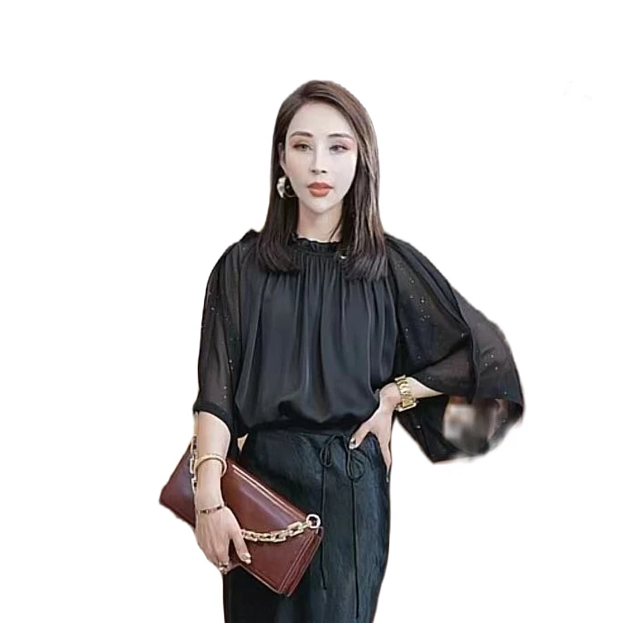 夏季轻奢时尚气质显瘦双拼百搭满天星宽松七分袖衬衫上衣ML179C