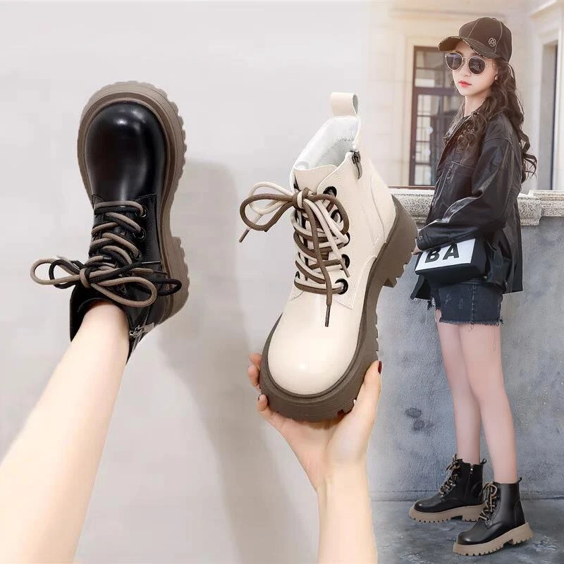 网红时尚软皮马丁靴2023秋冬新款英伦风加绒厚底白色短靴