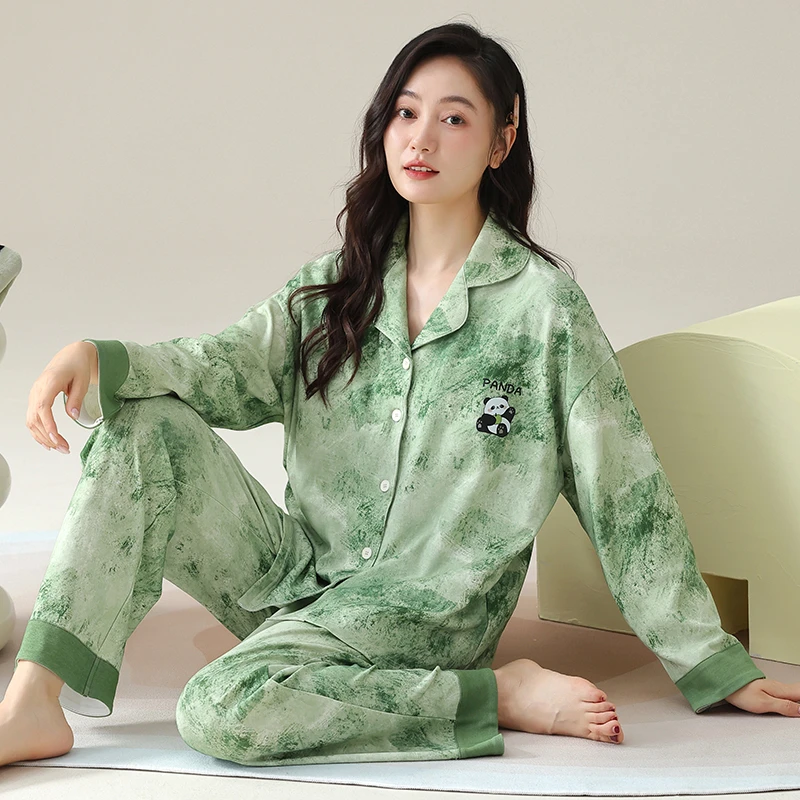 睡衣/家居服套装薄荷曼波绿翻领秋款长袖印花竹子熊猫气质修身