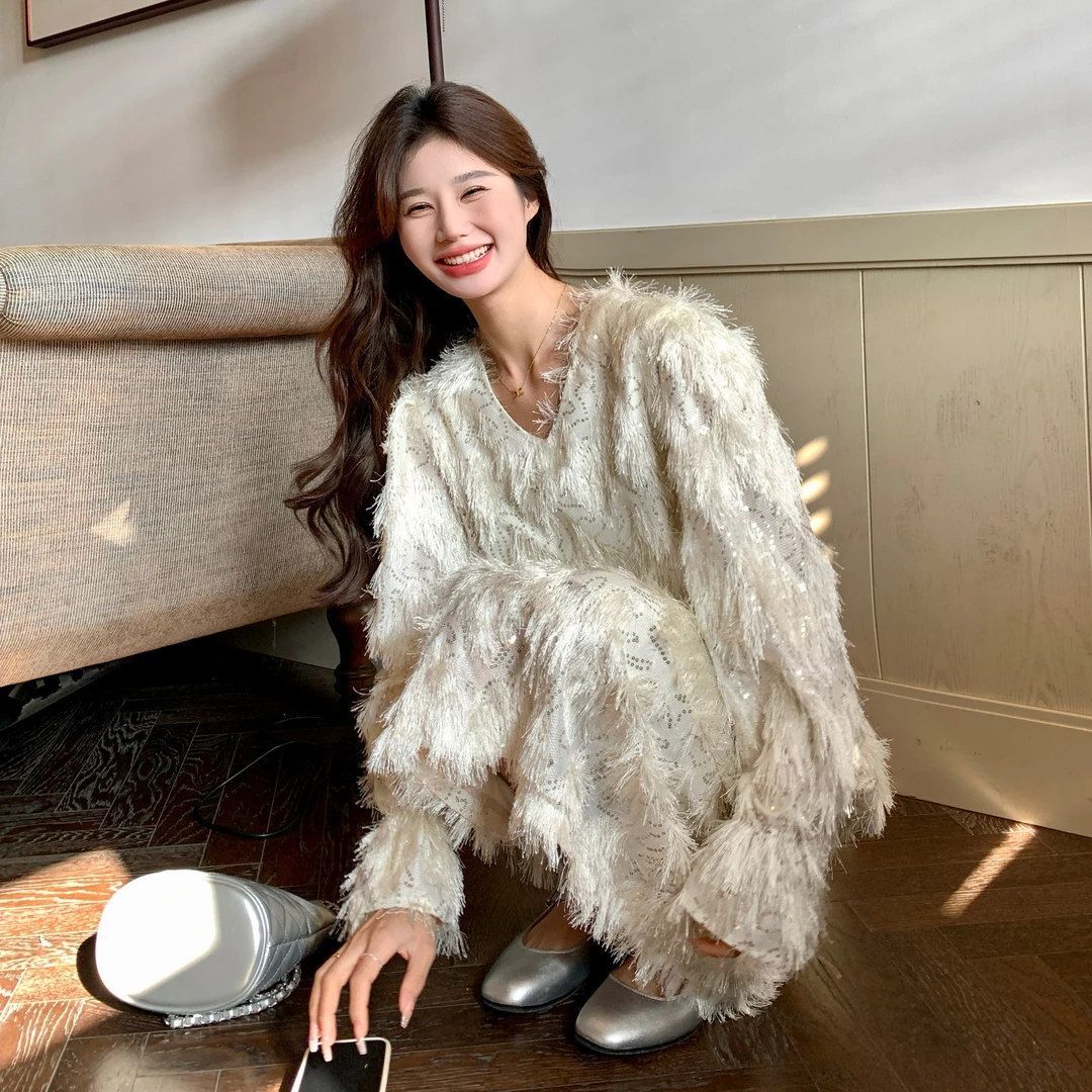 法式优雅女神范连衣裙2025秋季新款重工亮片高级设计感宽松长裙子