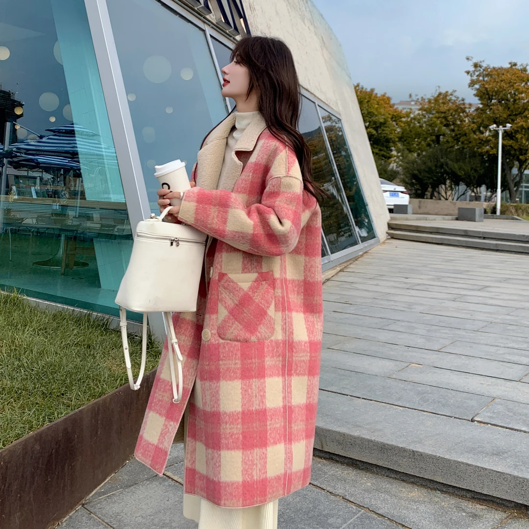 韩版粉色高级感格纹甜美毛呢外套女2025冬季新款加厚时尚毛呢大衣