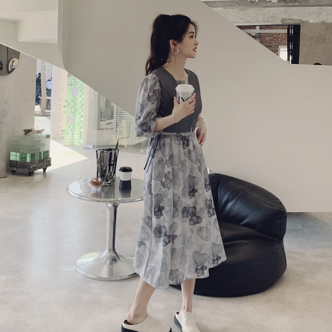 显瘦减龄搭配一整套韩系女2025夏季新款灰色马甲印花连衣裙两件套
