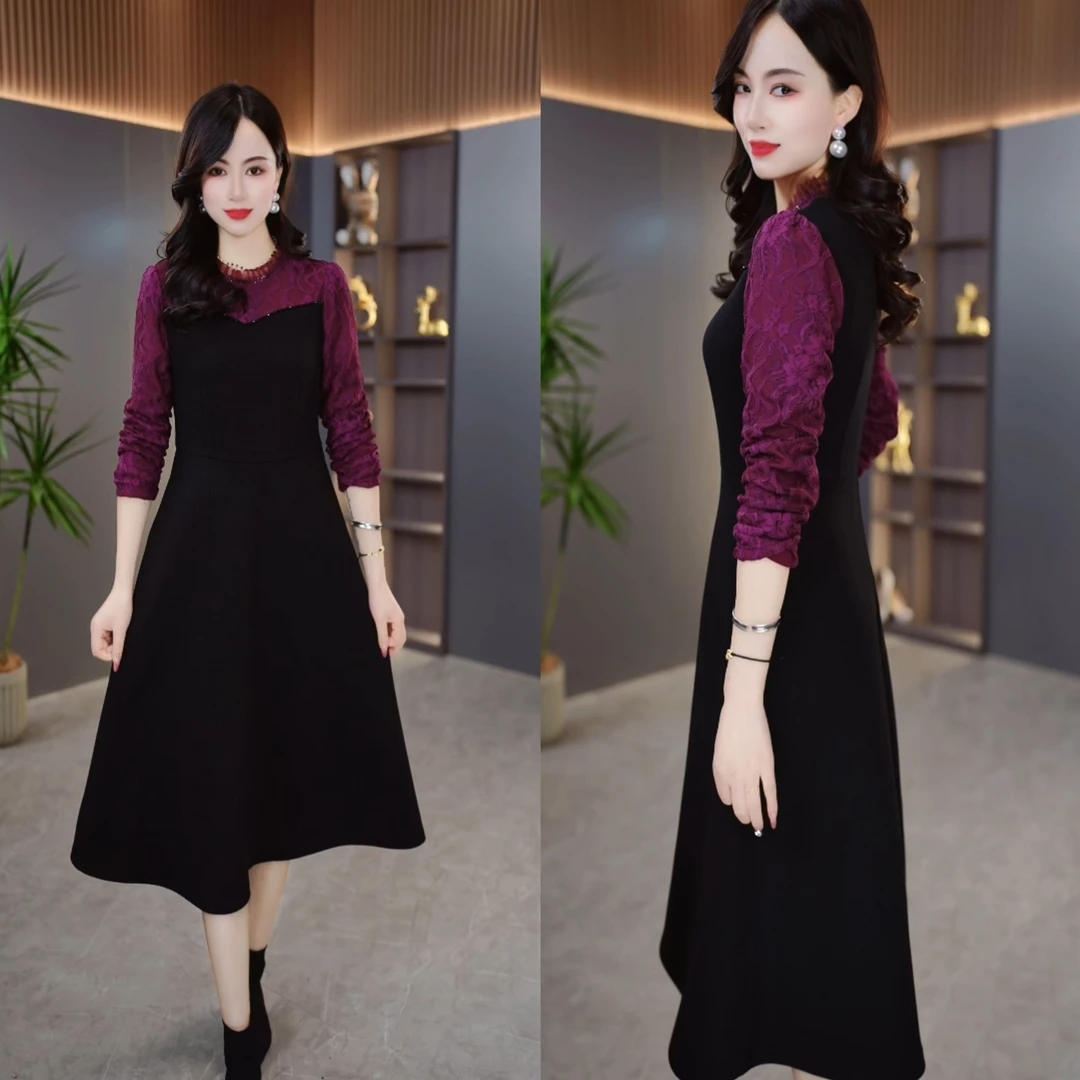 2023秋冬加厚蕾丝女人味设计师款气质轻奢高端连衣裙M-4XL