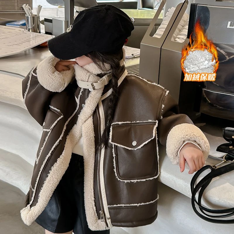 女童外套秋冬款2023新款儿童皮毛一体大衣女宝宝冬装加绒加厚上衣