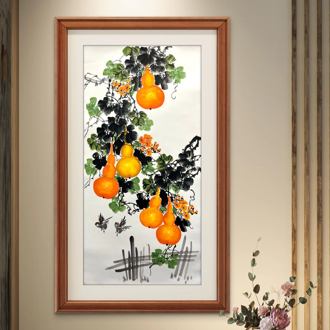 齐振家亲笔手绘竖画作【五福临门】70*150cm送龙纹圆筒收藏送礼作品