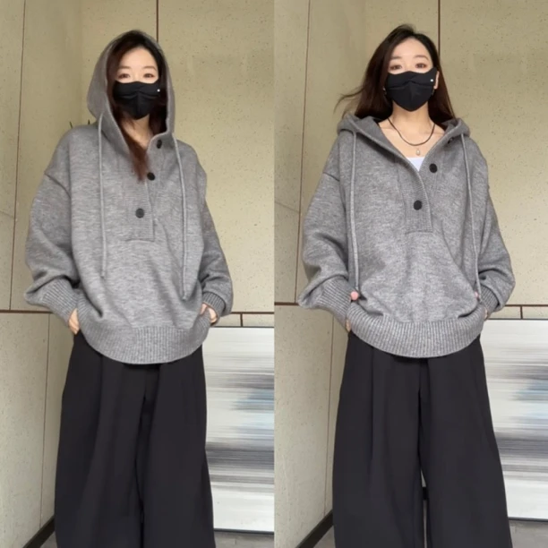 满满家秋冬新款针织连帽毛衣外套男女同款宽松休闲百搭慵懒上衣