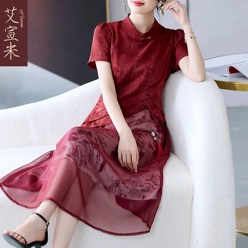 喜婆婆婚宴装连衣裙高端贵夫人改良旗袍裙中老年红色中式复古裙子