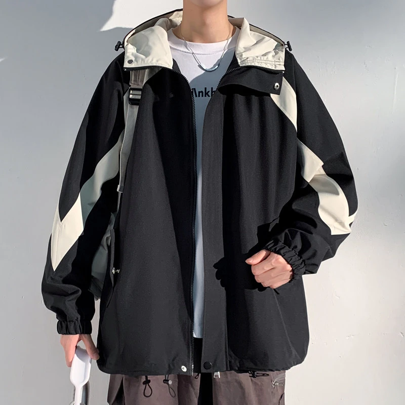 美式撞色拼接外套男春秋季高级感潮牌痞帅休闲连帽夹克户外登山服