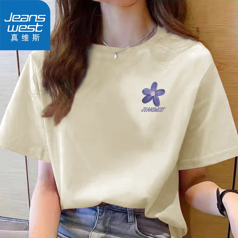 Jeanswest/真维斯印花纯棉T恤女百搭圆领半袖白色休闲夏季小众ins