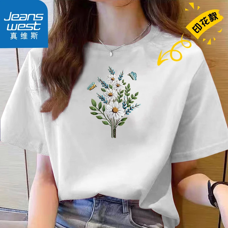 Jeanswest/真维斯2024春夏印花纯棉T恤女显瘦白色时尚休闲夏季524