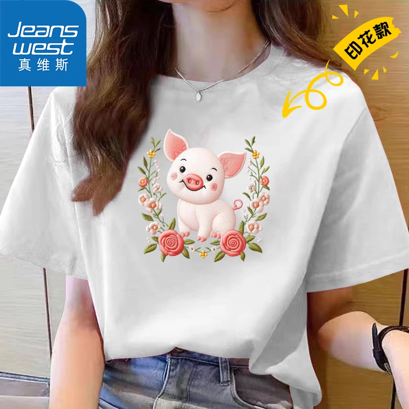 Jeanswest/真维斯印花纯棉T恤女百搭ins休闲夏季宽松时尚百搭圆领