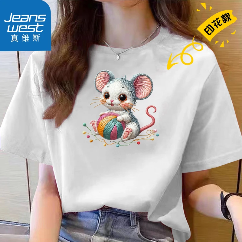 Jeanswest/真维斯2024春夏印花纯棉T恤女显瘦白色时尚休闲夏季498