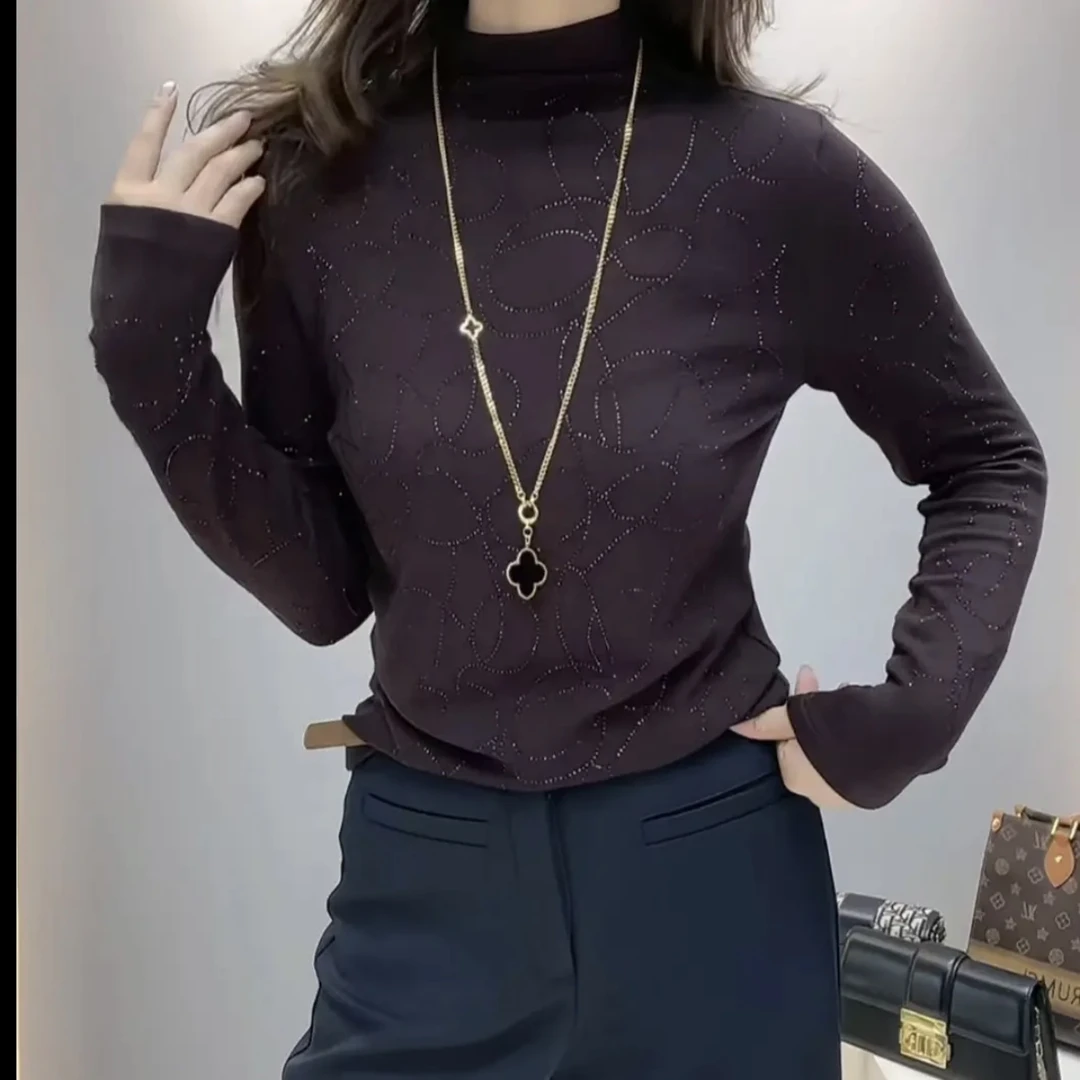 2024半高领打底衫女秋冬新款洋气烫钻妈妈装时尚减龄显瘦长袖上