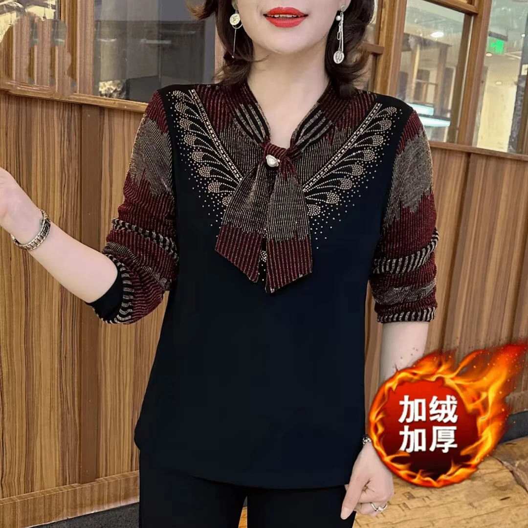 秋冬新款加绒保暖打底衫时尚妈妈装设计感拼色蝴蝶结亮钻百搭小衫