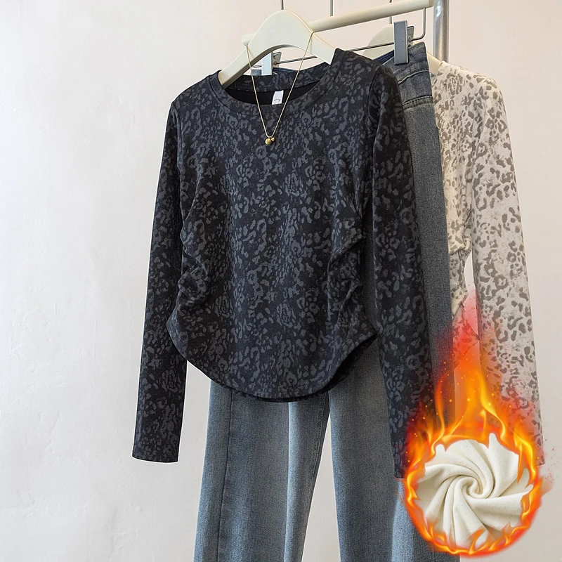 yoewshean/羽媗秋冬新款长袖加绒豹纹t恤女装修身显瘦上衣打底衫