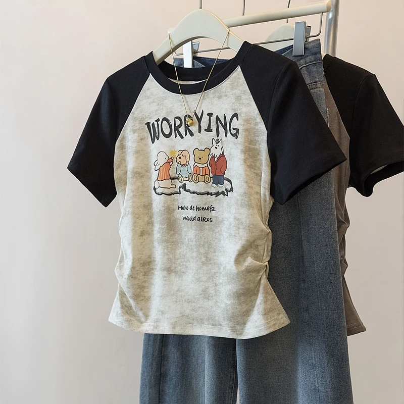 yoewshean/羽媗微胖mm圆领字母图案袖拼色短款T恤显瘦遮肚上衣