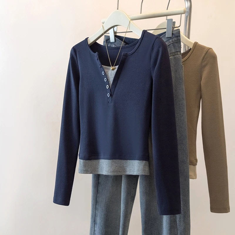 yoewshean/羽媗微胖妹妹假两件V领正肩长袖t恤女春秋装显瘦上衣