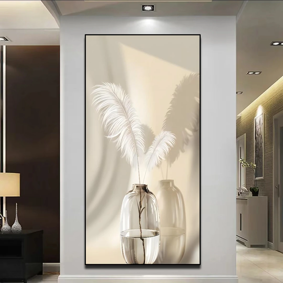 灯光画羽毛高级感玄关装饰画现代简约轻松镶钻晶瓷装饰画走廊时尚