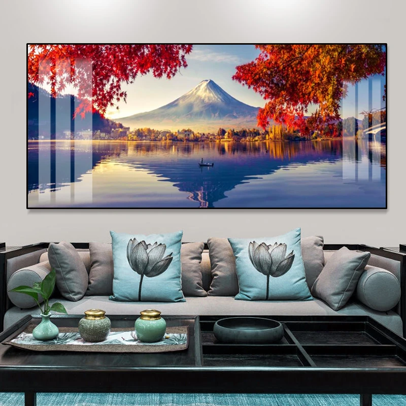 现代雪山简约山水风景客厅沙发背景装饰画晶瓷镶钻铝合金边框挂画