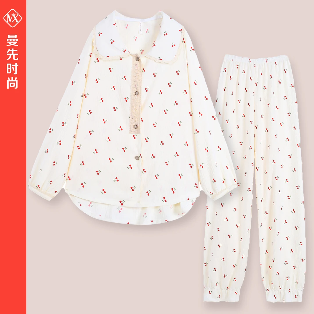 睡衣女春秋季娃娃领长袖长裤满印樱桃印花家居服可外穿开衫两件套