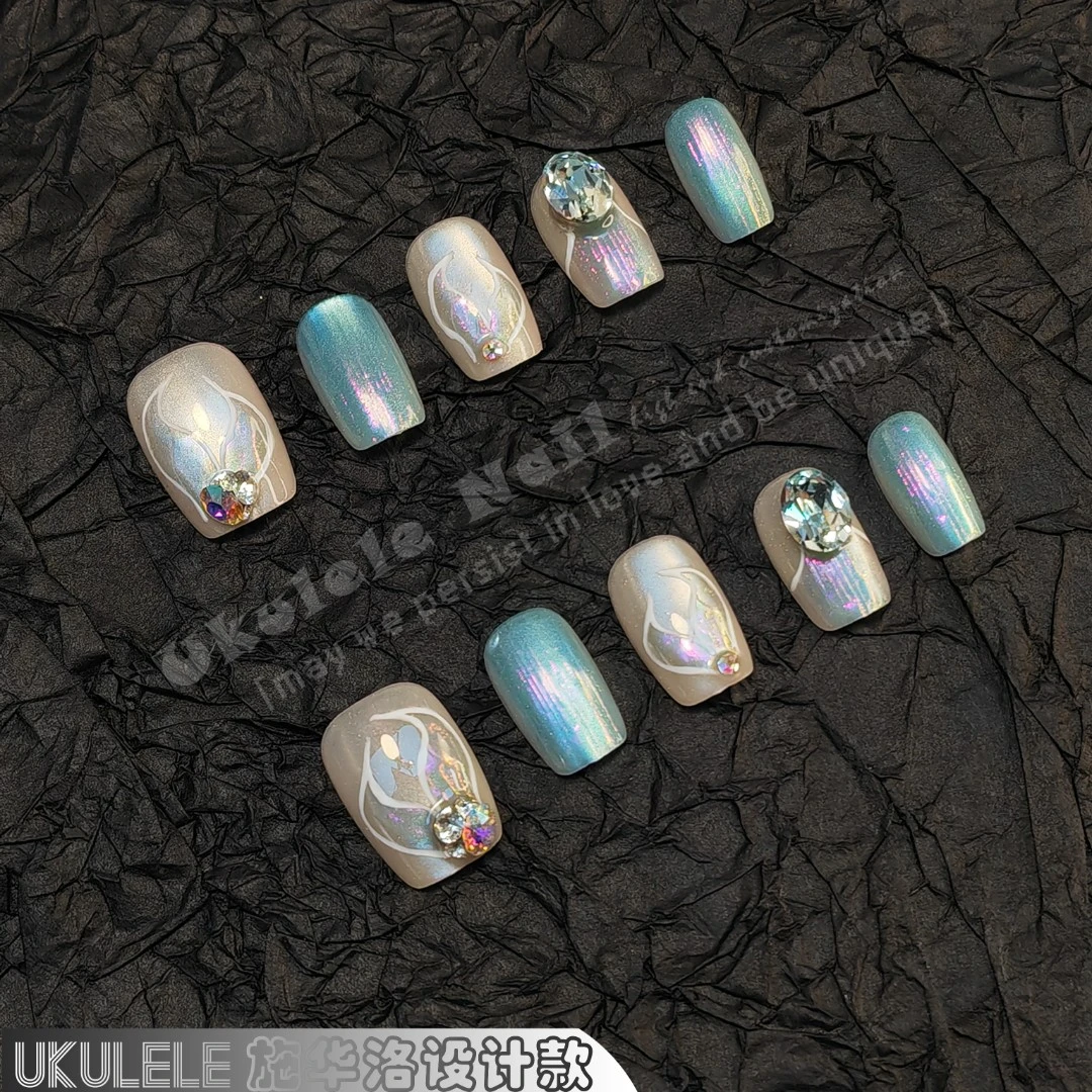 【海鱼恋】Ukulele施华洛设计2024流行人鱼款极光布契工艺穿戴甲
