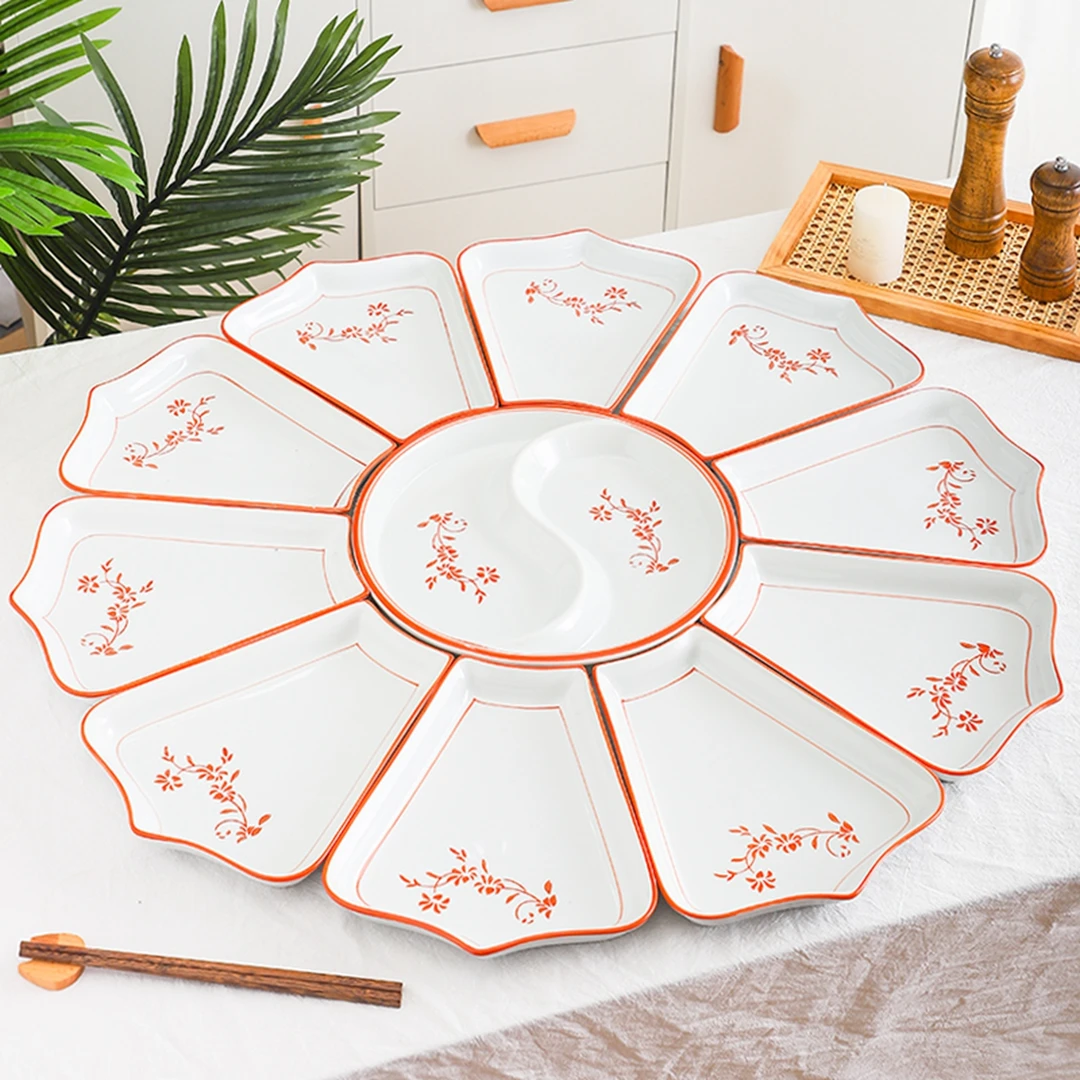 春节聚餐陶瓷餐具套装喜庆必备圆形拼盘青花中式扇形家用圆桌拼盘