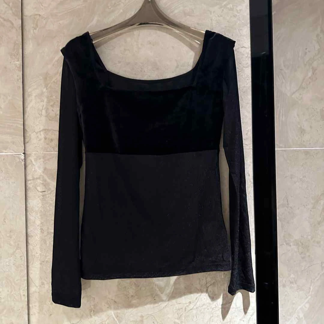 主播推荐-小众设计师款黑色性感网纱拼接款性感女人打底衫上衣