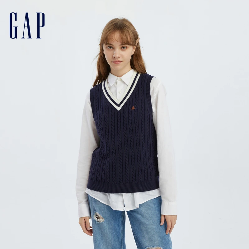 Gap女装秋季2023新款学院风绞花V领针织休闲背心714947时尚百搭