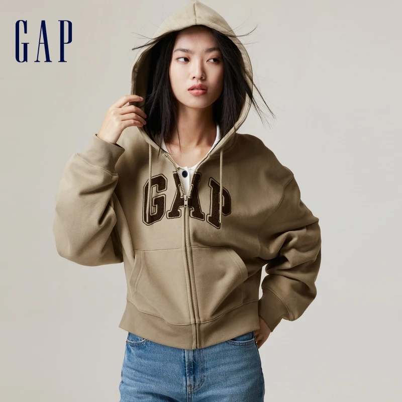 Gap女装秋季新款LOGO运动碳素软磨抓绒卫衣休闲连帽衫 756422