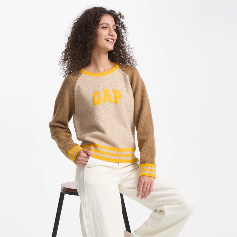 Gap女装新款LOGO撞色插肩袖针织衫宽松休闲毛衣 609017