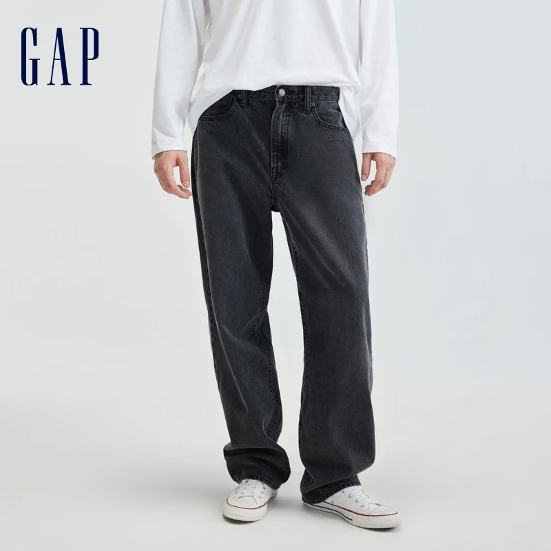 Gap男装秋季纯棉美式宽松休闲牛仔裤462869复古阔腿裤黑色长裤