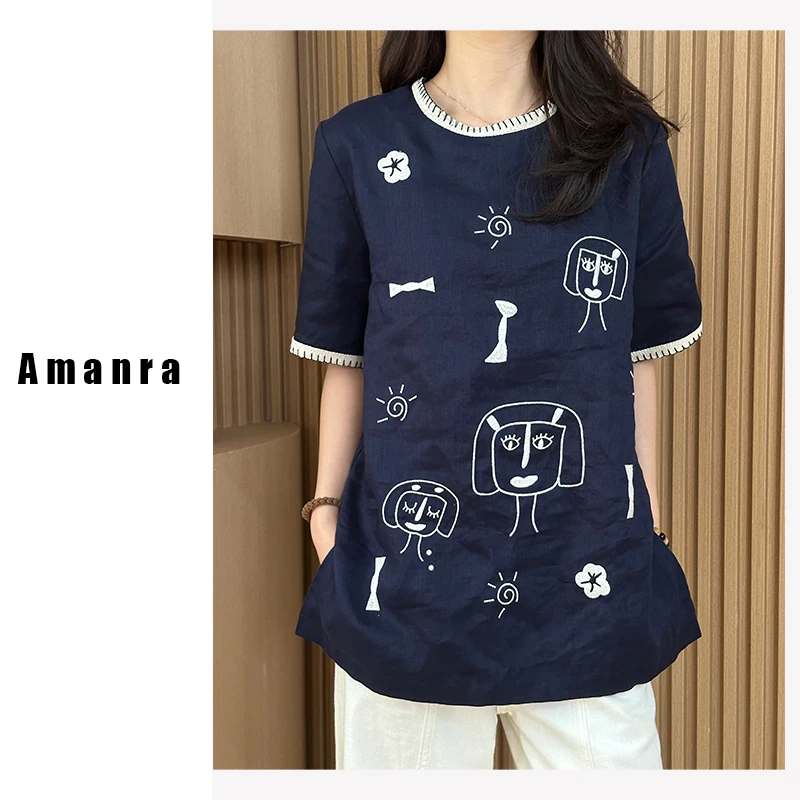 【Amanra】油麻地 短袖款ins风夏季显瘦复古刺绣T恤 X24NK5698