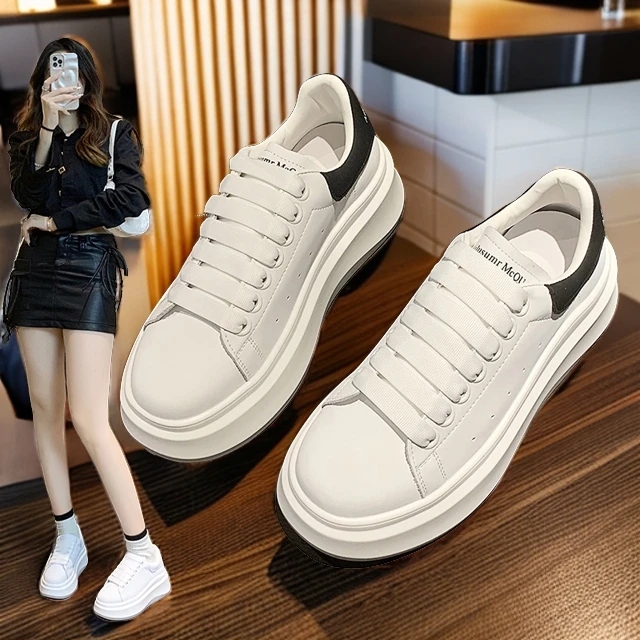 小白鞋2024新款夏季百搭厚底增高轻便休闲板鞋时尚经典皮网面昆昆
