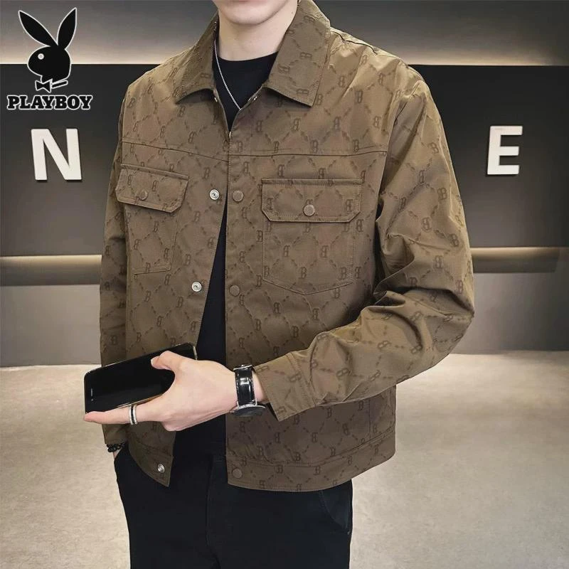 花花公子休闲夹克男士工装上衣服春秋季新款潮牌印花翻领外套男装