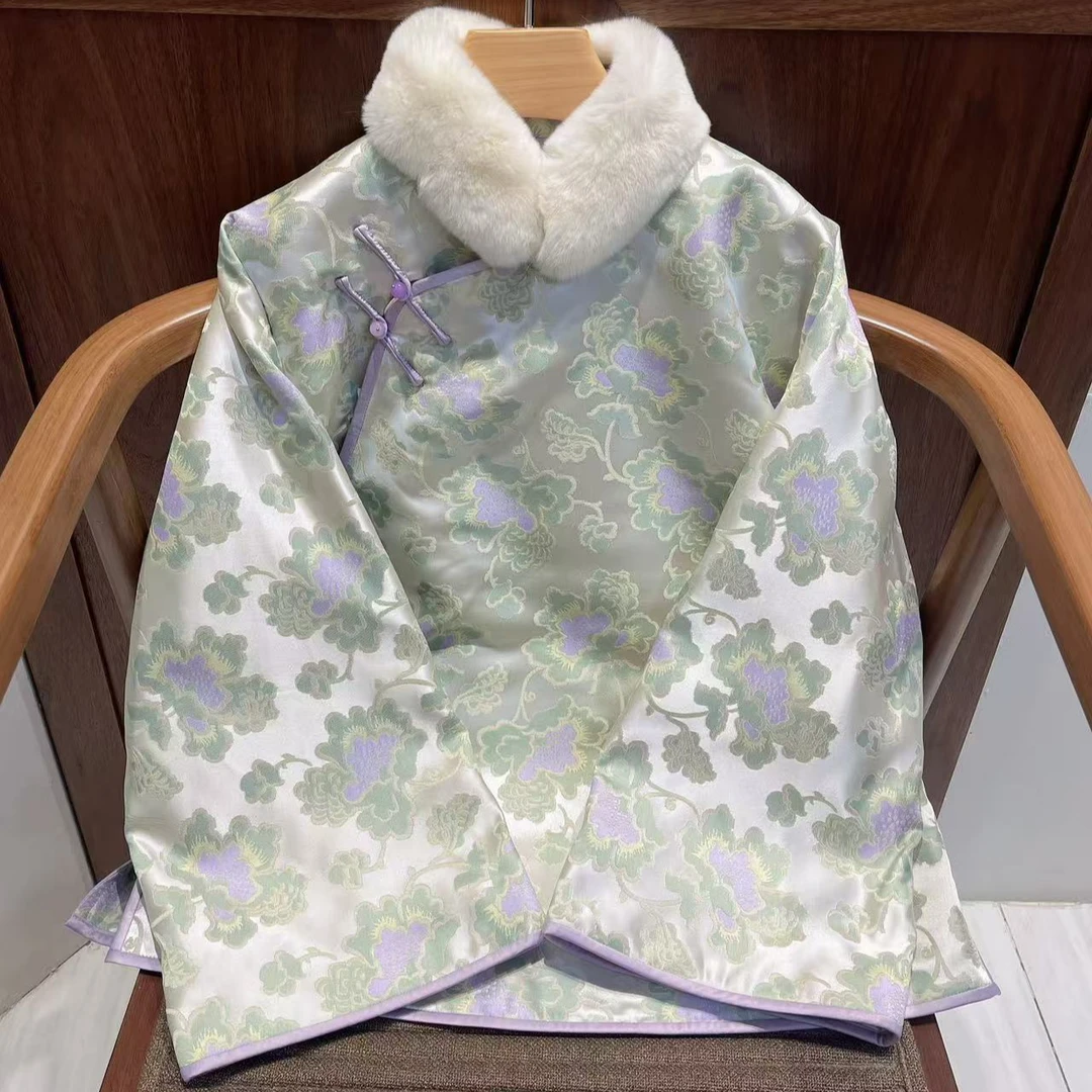 【十三郎】国风新中式毛领印花缎面上衣242662