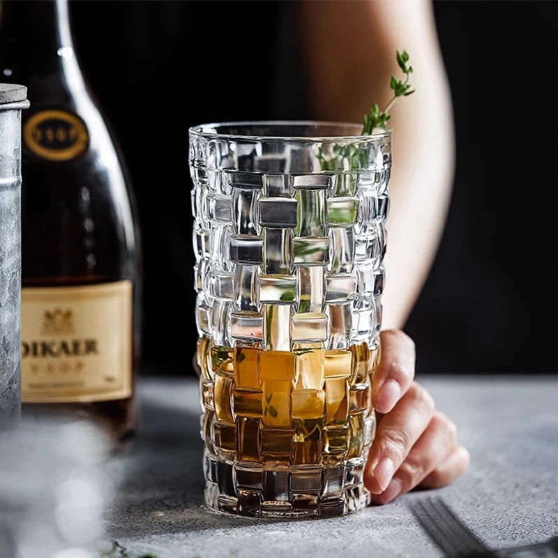 洋酒杯编织纹理网红玻璃杯透明家用水杯欧式果汁杯古典鸡尾酒杯子