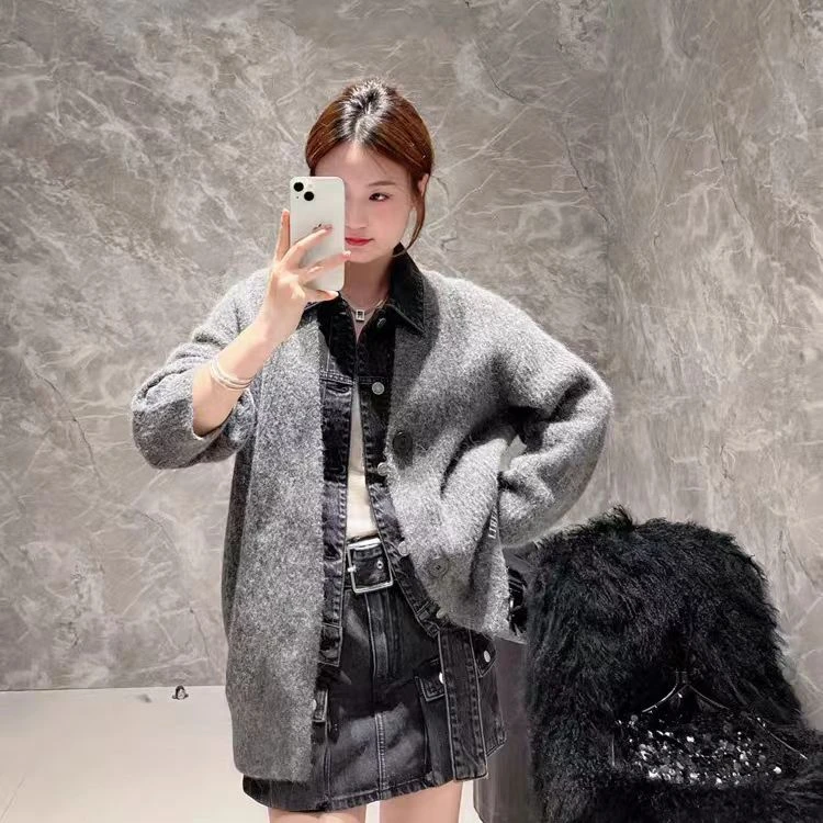 【M421】2024冬季新款宽松复古假两件牛仔布拼接针织开衫女