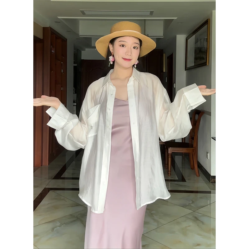 微胖大码天丝衬衫女夏季薄款高级感宽松休闲显瘦白色仙气外搭上衣