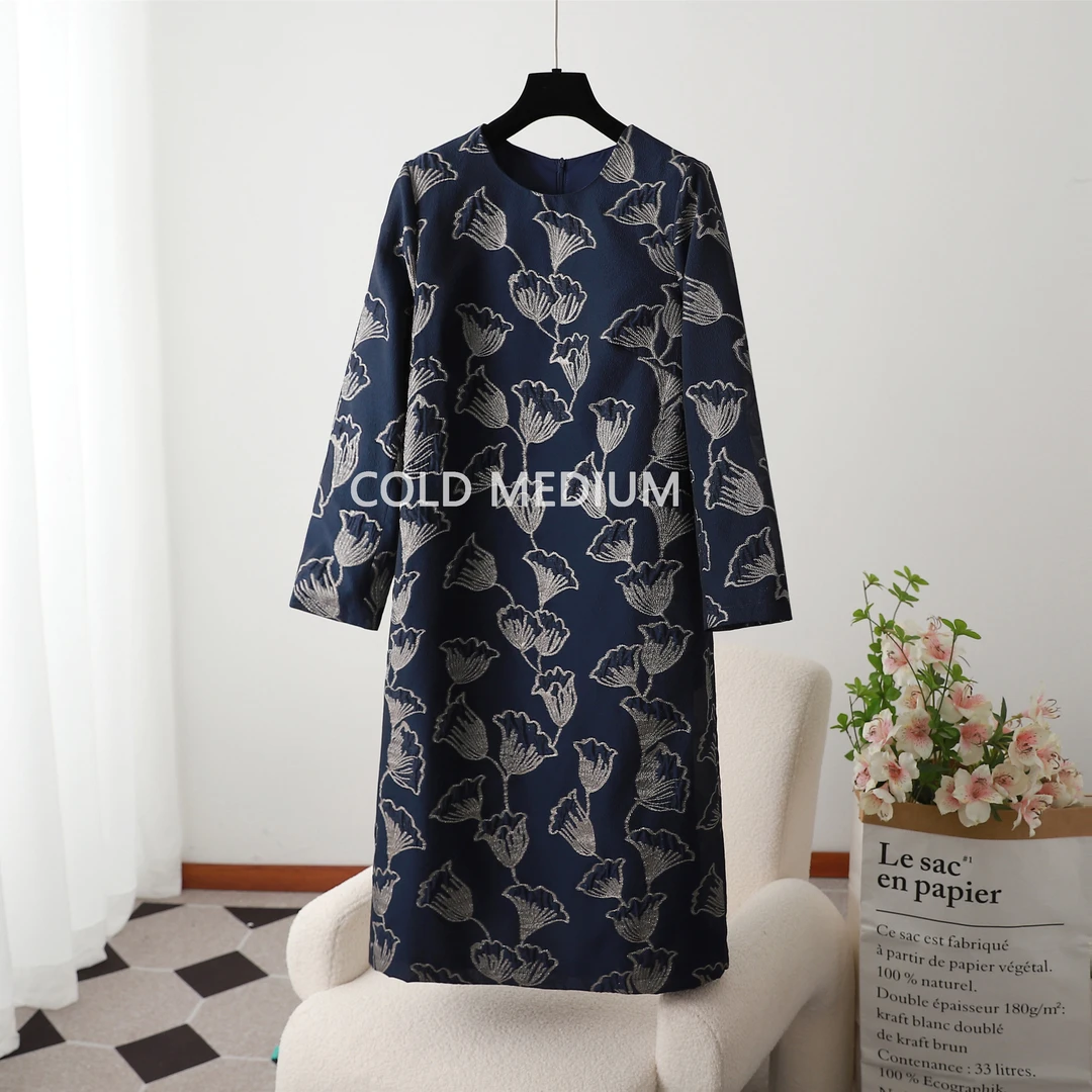 时尚气质复古中国风大码圆领连衣裙女装中长裙子822