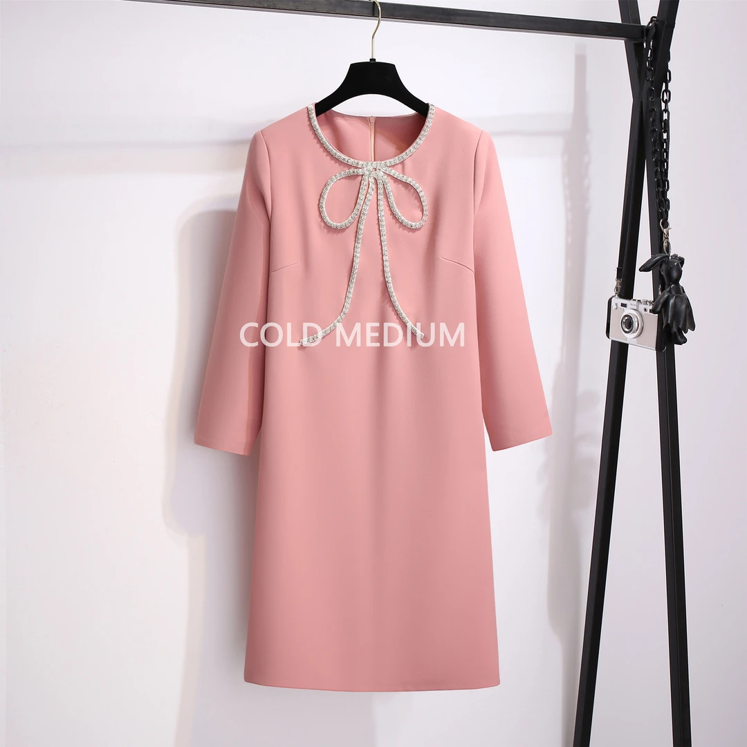 COLD MEDIUM时尚气质优雅蝴蝶结圆领连衣裙女宽松显瘦中长裙345