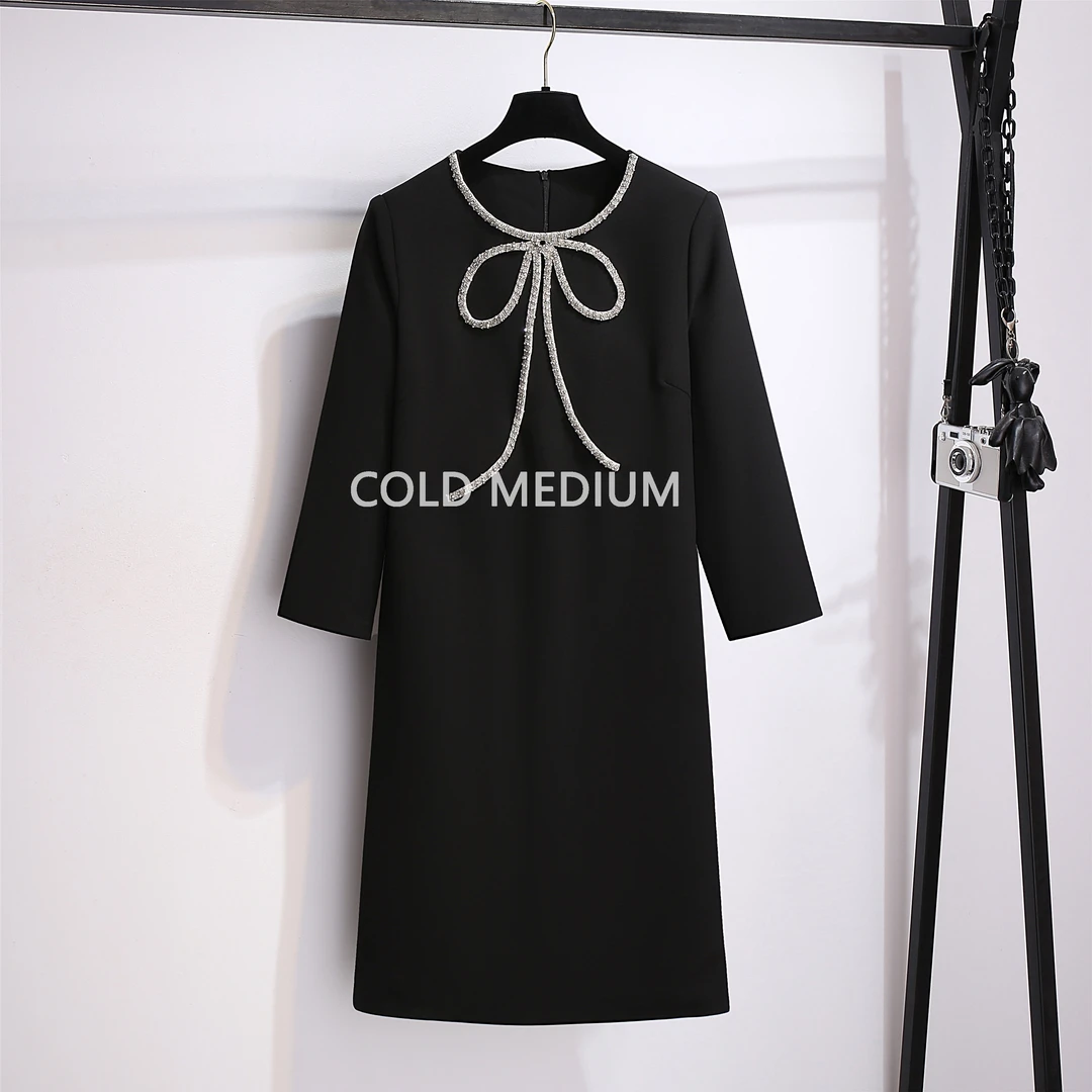 COLD MEDIUM时尚气质优雅蝴蝶结圆领连衣裙女宽松显瘦中长裙345