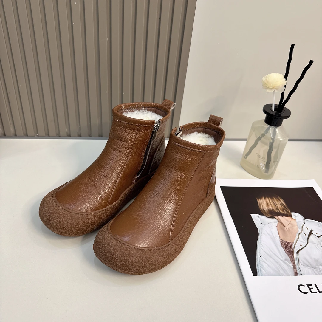 头层牛皮加厚棉内里短筒靴女厚底圆头简约冬季女靴