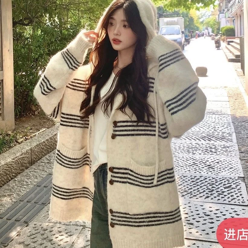 中长款条纹连帽毛衣女冬季2024新款宽松慵懒风软糯加厚针织衫上衣