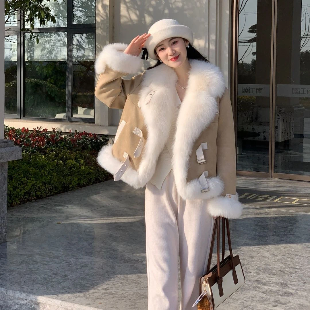 【笑燃儿】“西部少女”进口狐狸毛酷飒白鹅绒机车外套