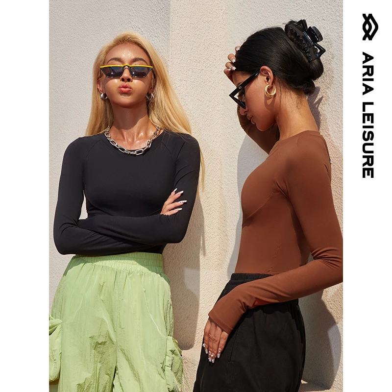 ARIALEISURE 长袖健身衣女瑜伽服紧身上衣运动训练健身服显瘦圆领