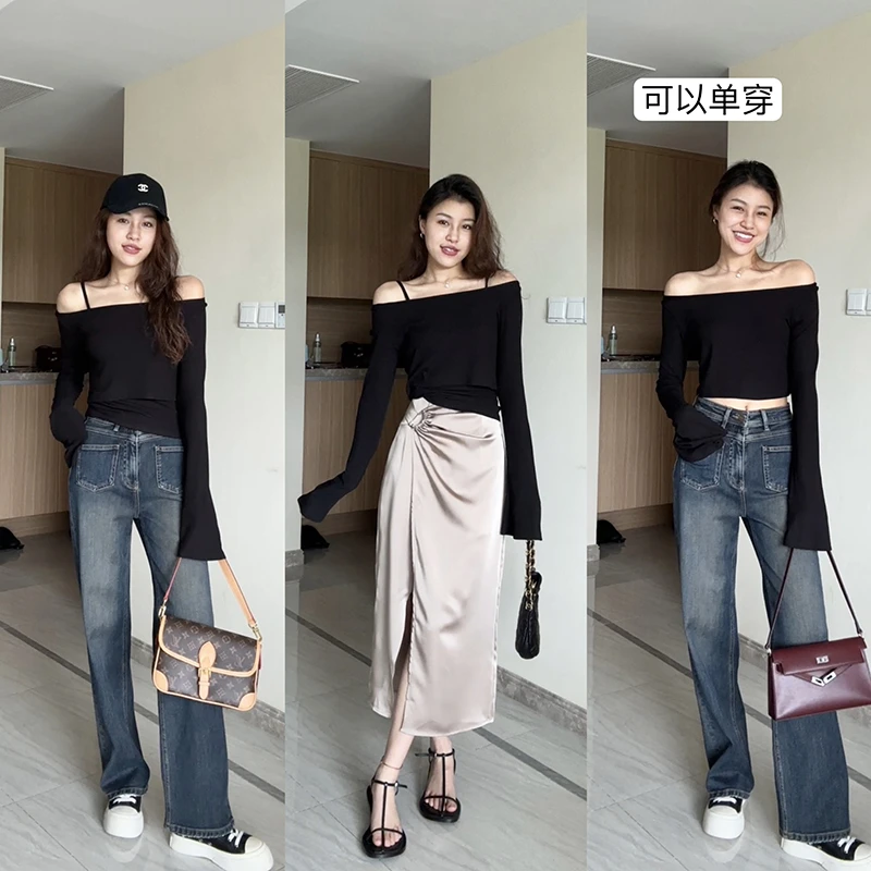 张阿星【尼斯海岸】气质甜酷风一字肩罩衫+吊带+开叉半裙W423A01090