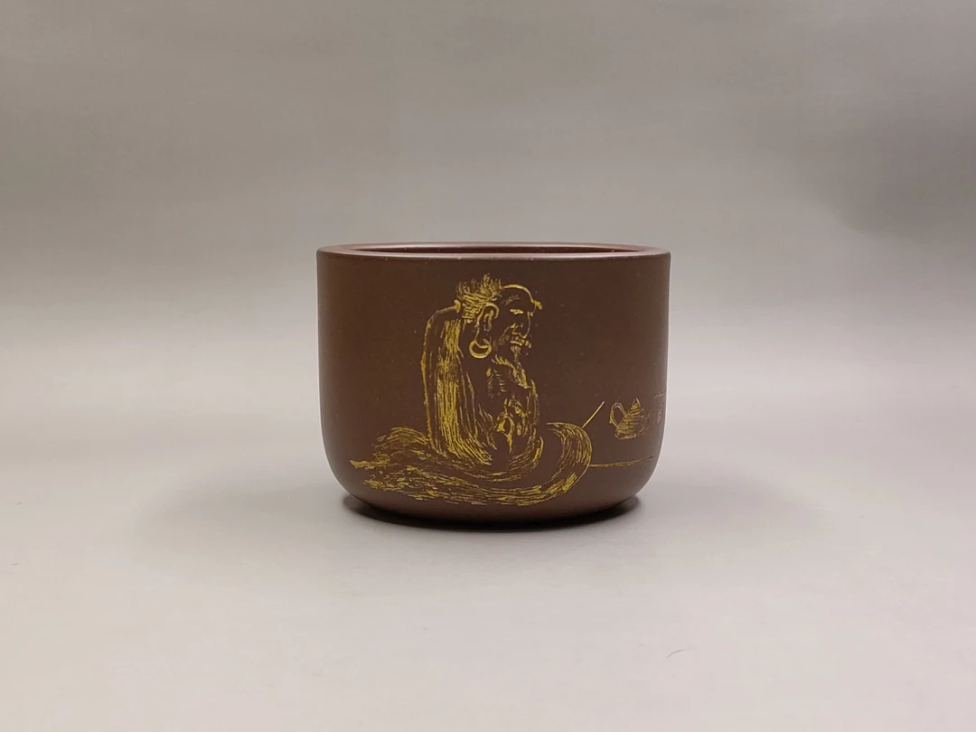 石丁紫砂杯名家主人杯紫泥高定杯刻绘达摩直筒描金品杯