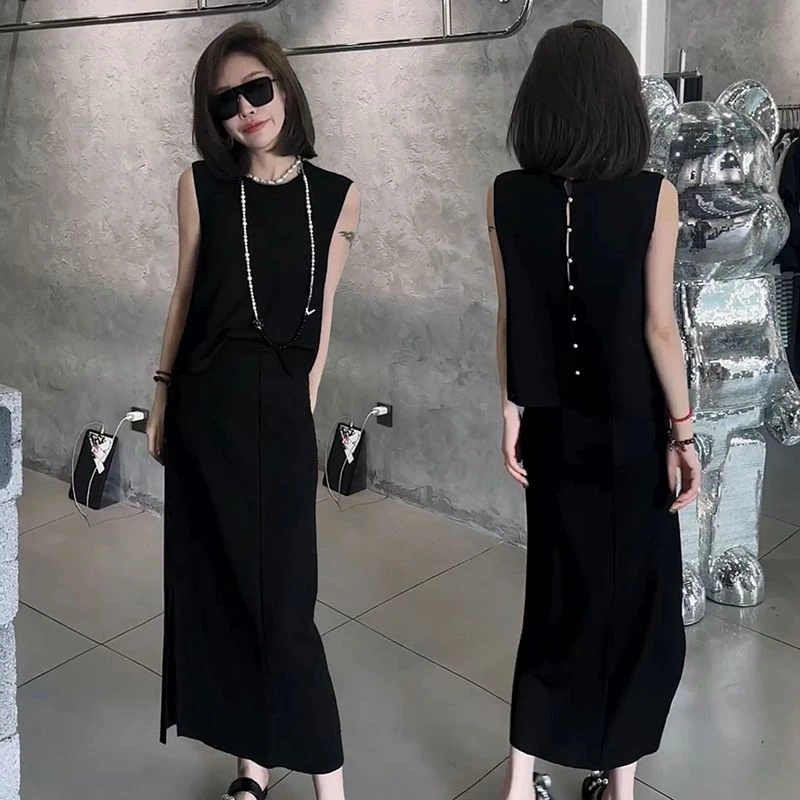 2024夏季新款韩版时尚裙套装女无袖性感露背上衣高腰半身裙两件套